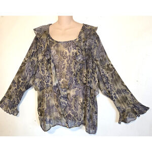 Vintage Notches Sheer Floral Blouse 3X Ruffles Silver Threads Muted Colors Y2K